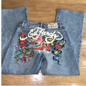 Ed Hardy Womens Wide Leg Tattoo Graphic Jeans Light Wash Blue Size 26 Y2K Street